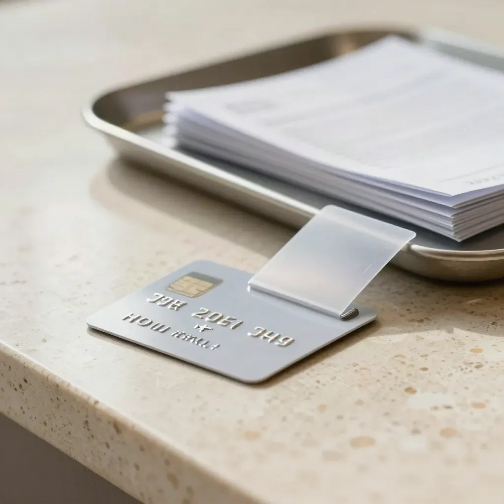 Carta di pagamento, fascicolo chargeback e vassoio bancario su pietra chiara.