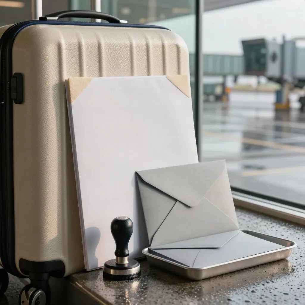 Valigia, cartella reclamo e timbro all’arrivo in aeroporto dopo la pioggia.