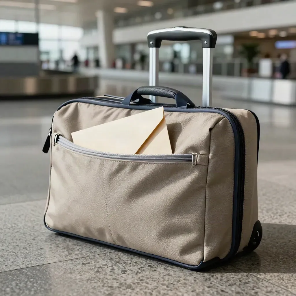Custodia bagagli, busta rimborso e maniglia trolley su pietra d’aeroporto, luce morbida.