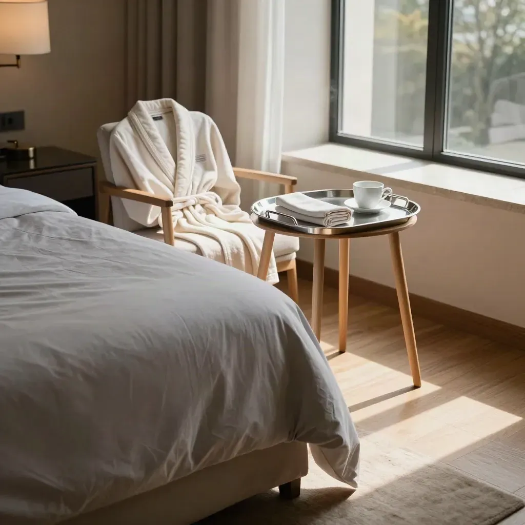 Camera d’hotel ordinata con letto rifatto, accappatoio piegato e vassoio servizio camera.