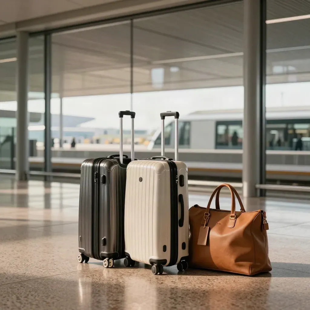 Sala partenze con due valigie allineate e una borsa da viaggio davanti alla luce del terminal.