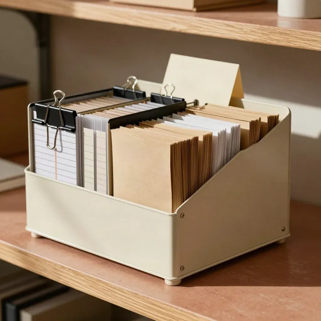 Sorter archivio con dossier allineati, clip neri e cartellina chiara in un ufficio luminoso.