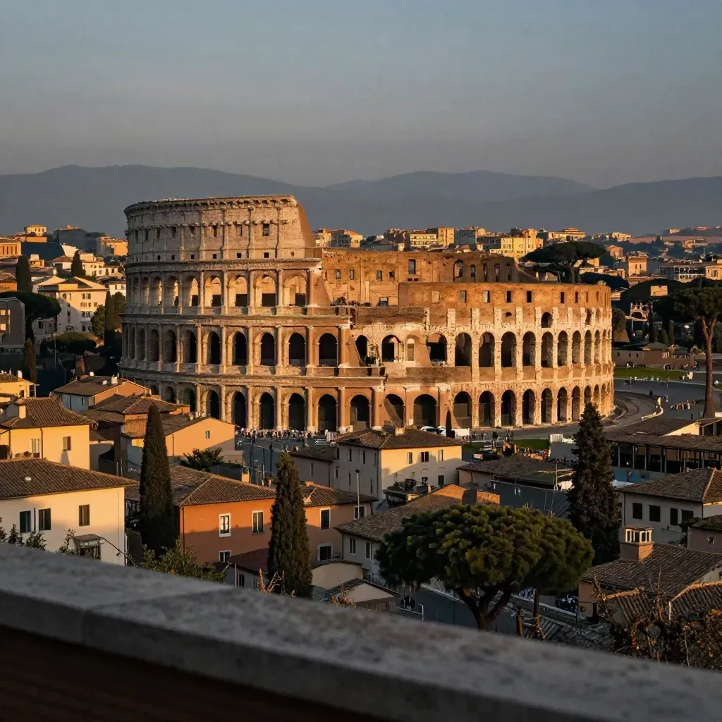 Il Colosseo e i pini romani nella luce dorata sopra Roma, con spazio calmo per il testo.