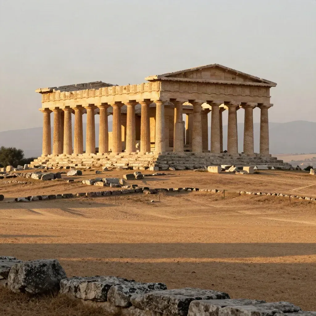 Colonne dei Templi di Sicilia sopra un campo caldo di pietra, luce del mattino.